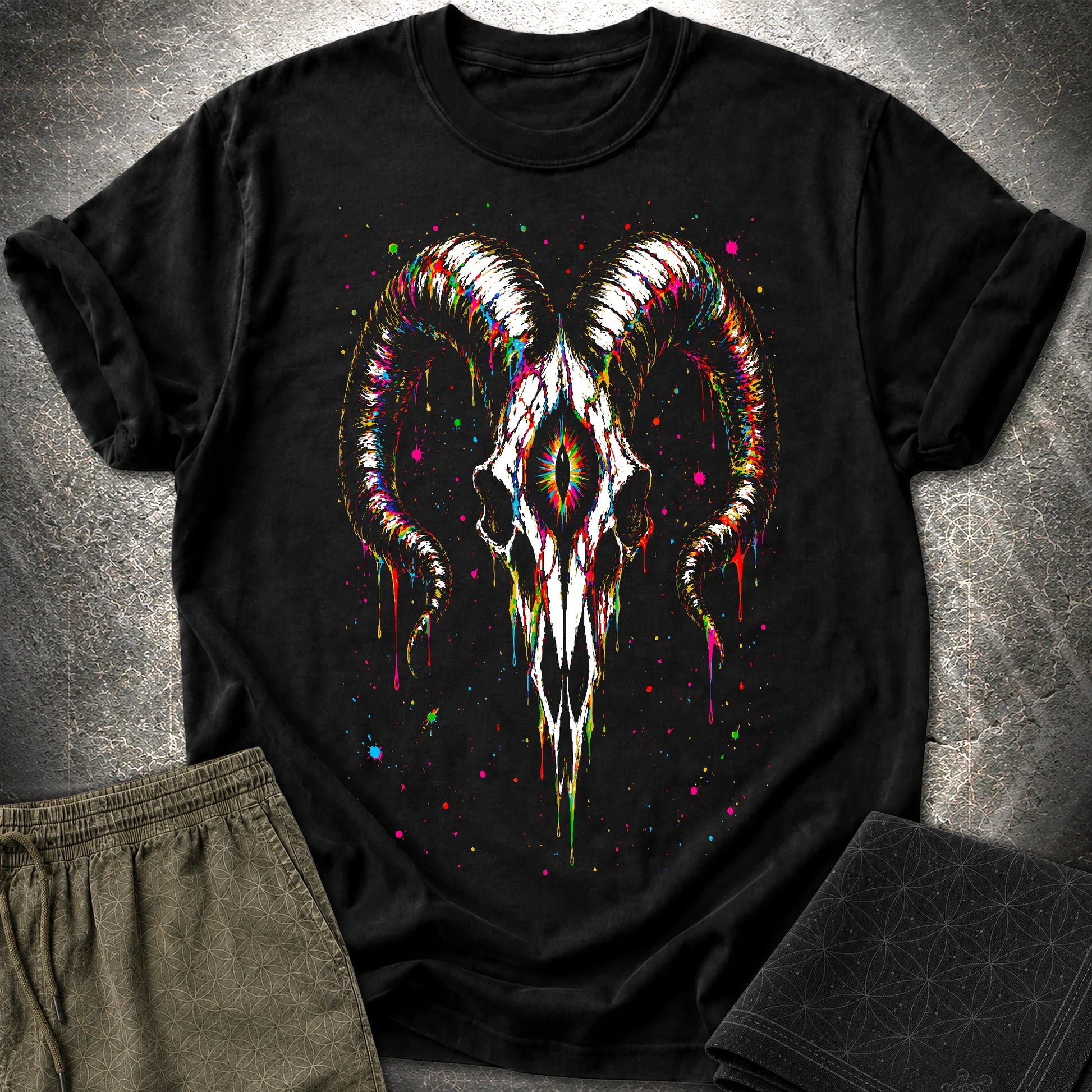 Psychedelic Ram Skull T-Shirt, Colorful Occult Skull Shirt, Trippy Gothic Festival Graphic Tee - Psychedelic Ram Skull T-Shirt, Colorful Occult Skull Shirt, Trippy Gothic Festival Graphic Tee - Black