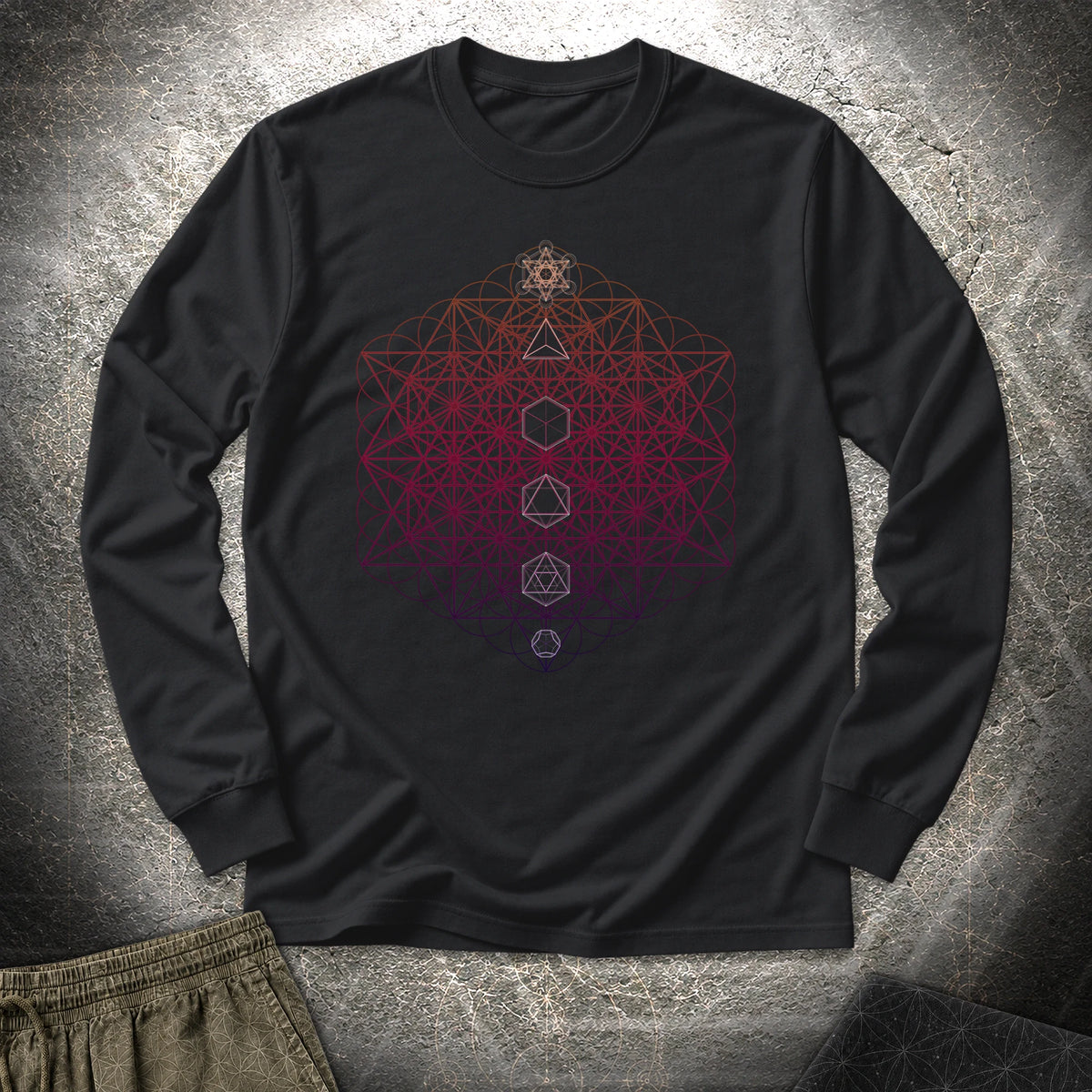 64 Tetrahedron Platonic Solids Metatron Long Sleeve Shirt showing front artwork