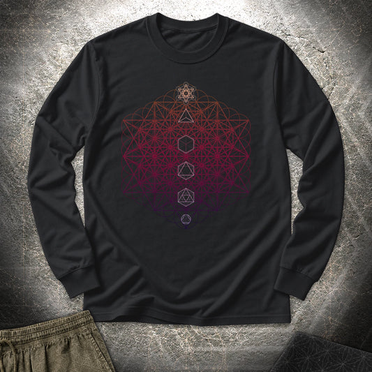 64 Tetrahedron Platonic Solids Metatron Long Sleeve Shirt showing front artwork