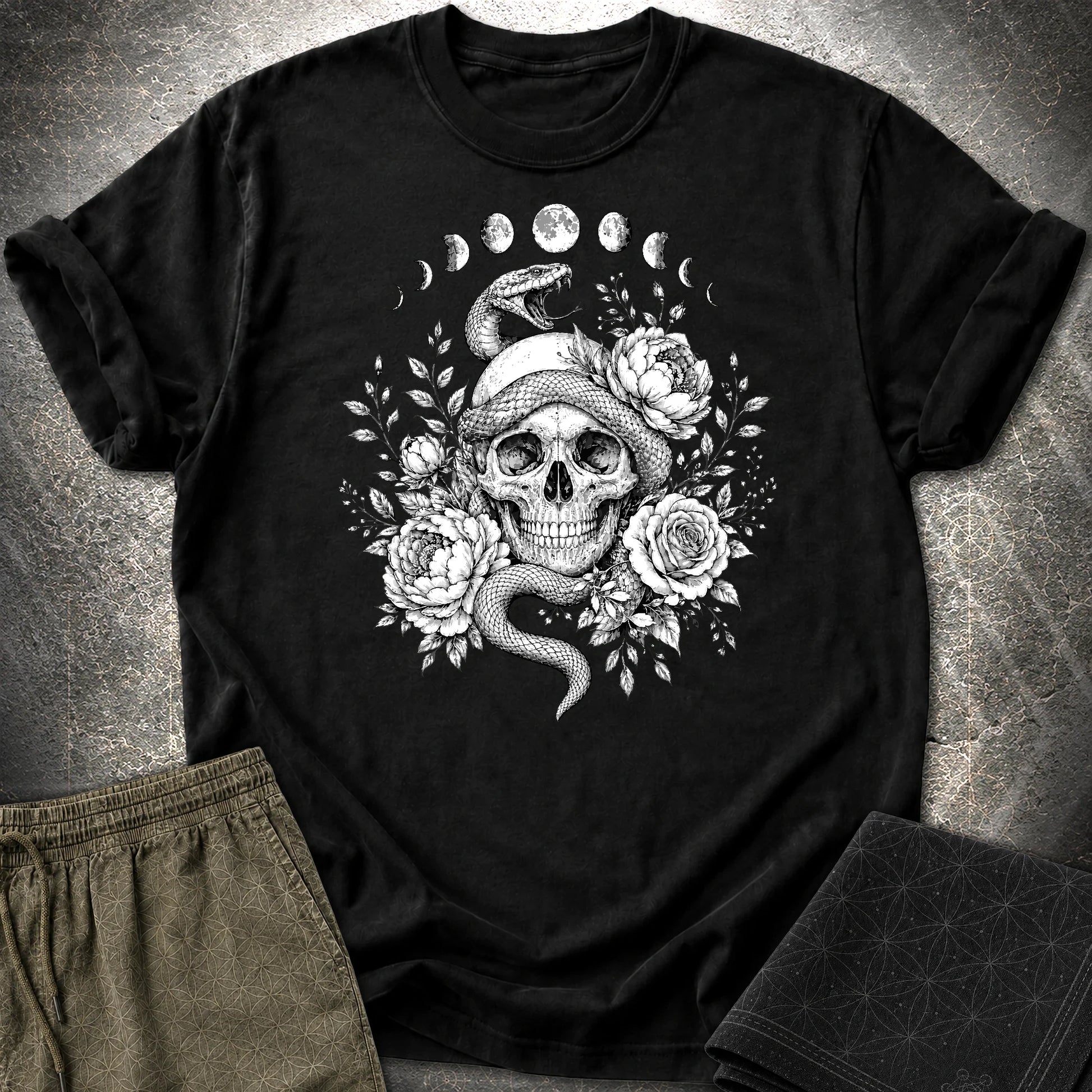 Skull Snake Moon Phases - Skull Snake Moon Phases T-Shirt - Black