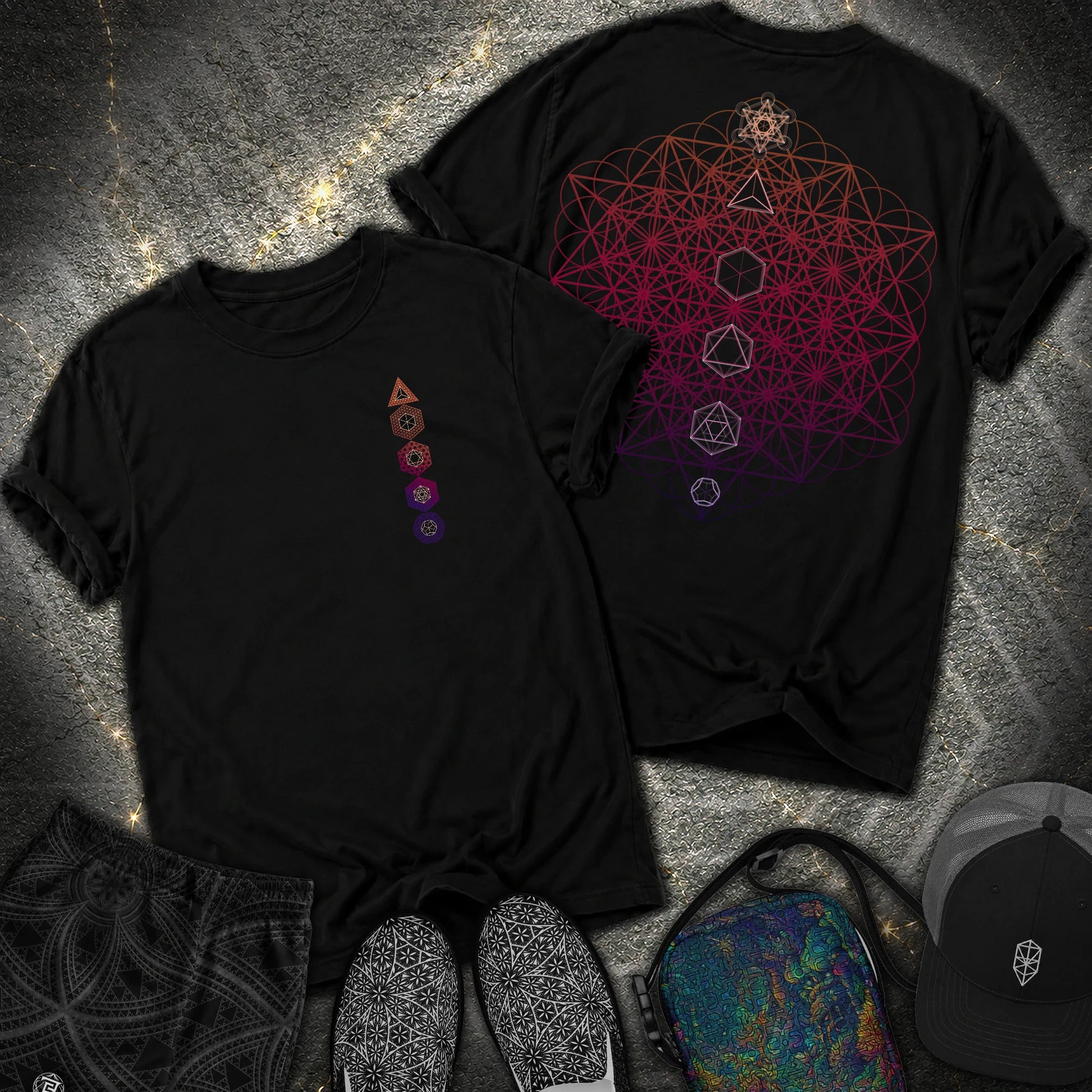 64 Tetrahedron Platonic Solids Metatron 2 Sided Comfort T-shirt - 64 Tetrahedron Platonic Solids Metatron 2 Sided Comfort T-shirt - Black