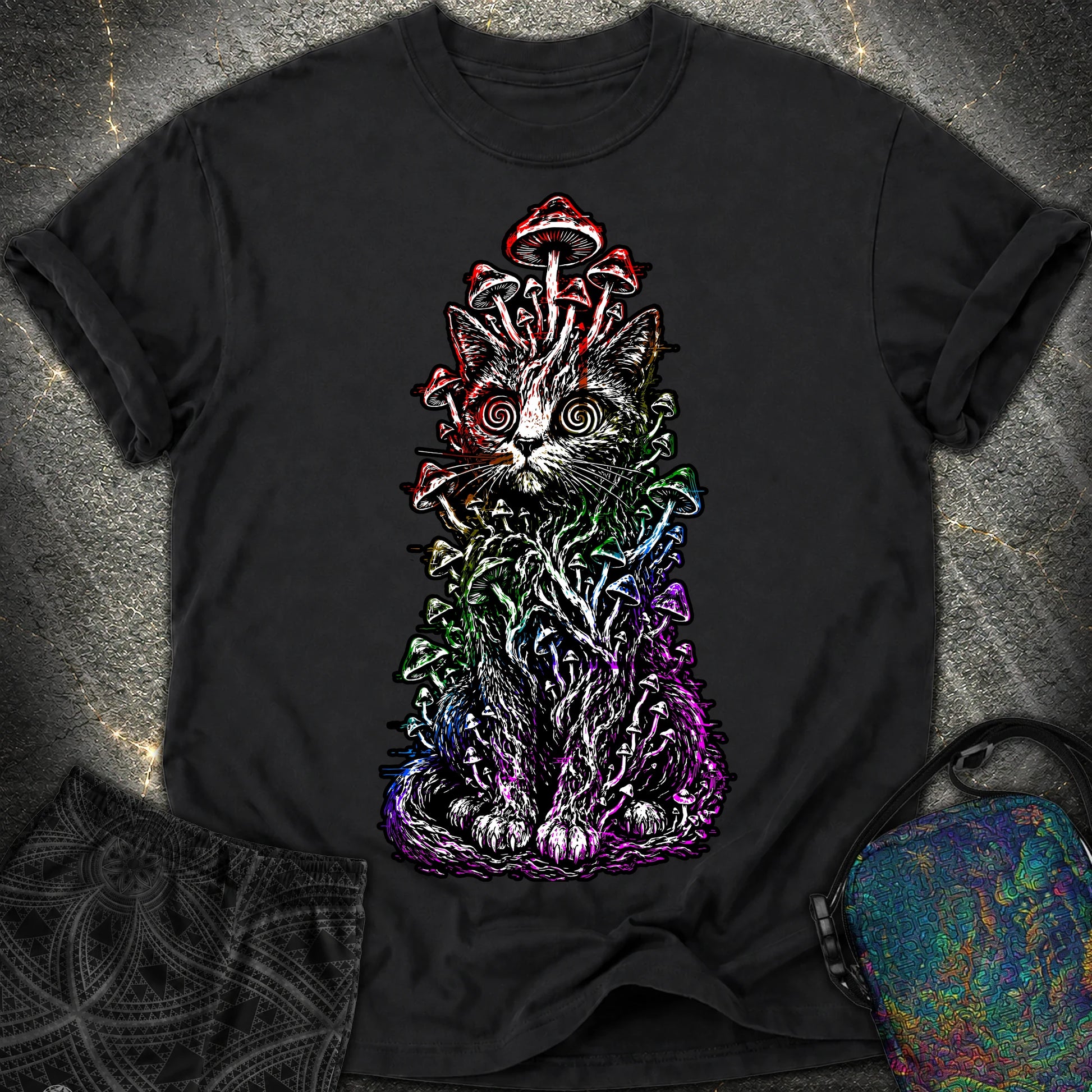 Trippy Mushroom Cat Comfort T-Shirt - Trippy Mushroom Cat Comfort T-Shirt - Black
