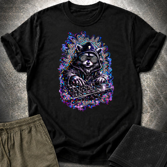 Psychedelic Raccoon DJ T-Shirt, Glitch Rave Animal Shirt, Trippy Festival Graphic Tee - Psychedelic Raccoon DJ T-Shirt, Glitch Rave Animal Shirt, Trippy Festival Graphic Tee - Black