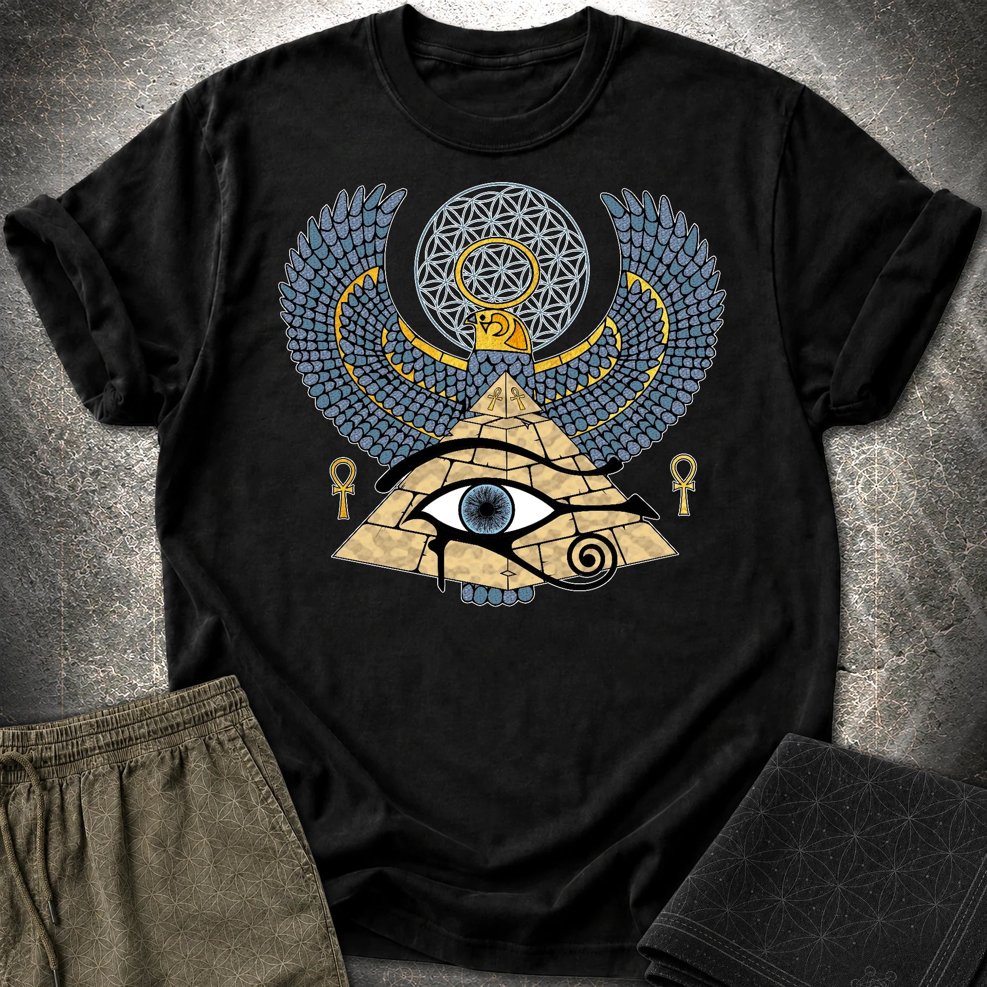 Horus Flower Of Life Egypt T-Shirt - Horus Flower Of Life Egypt T-Shirt - Black