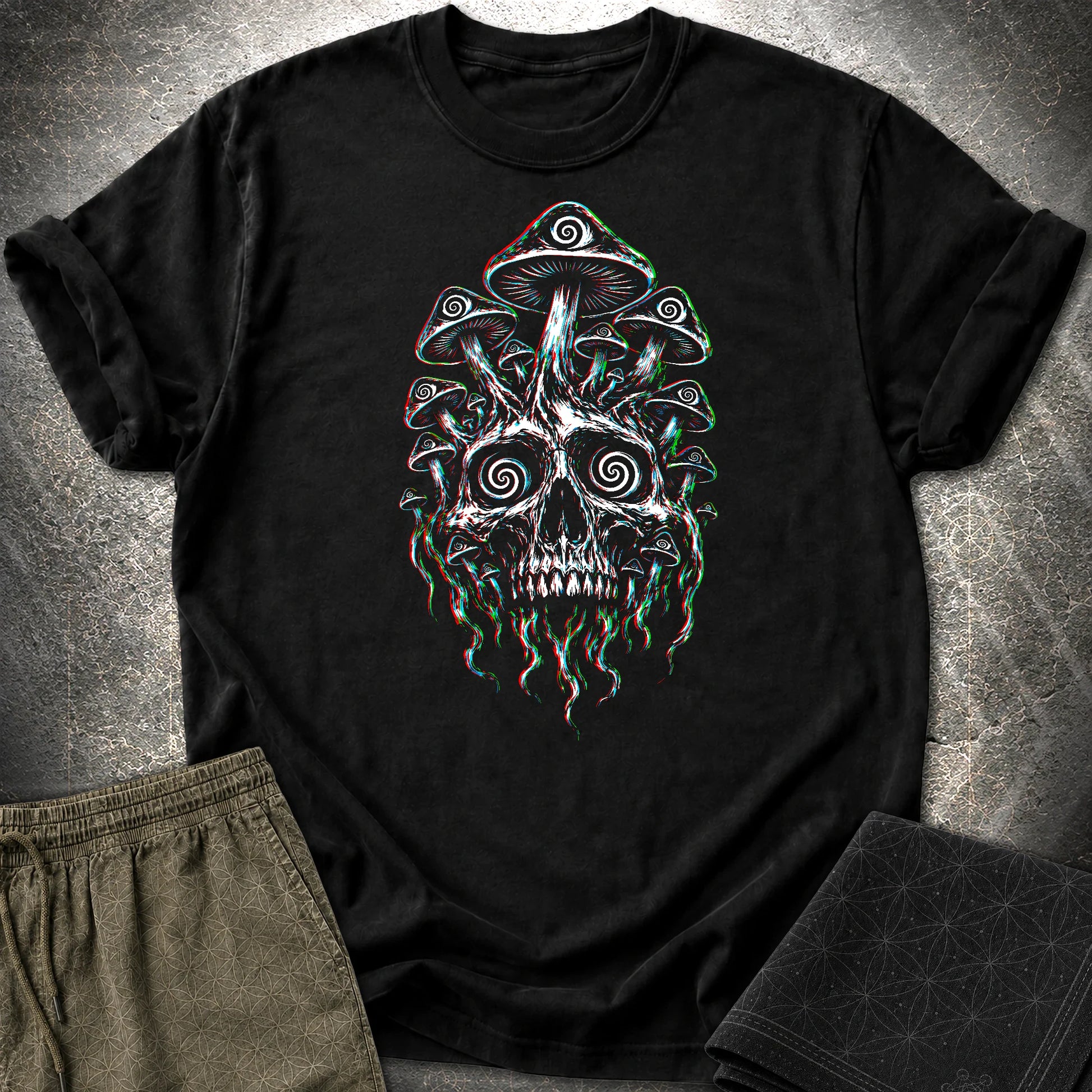 Psychedelic Skull Mushroom T-Shirt, Glitch Skull Graphic Tee, Trippy Gothic Festival Shirt - Psychedelic Skull Mushroom T-Shirt, Glitch Skull Graphic Tee, Trippy Gothic Festival Shirt - Black