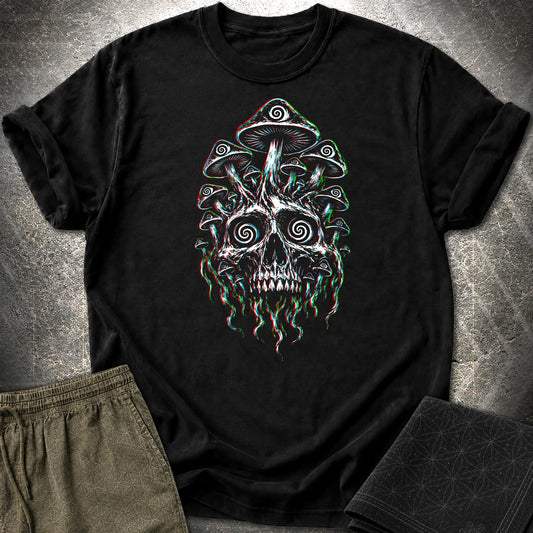 Psychedelic Skull Mushroom T-Shirt, Glitch Skull Graphic Tee, Trippy Gothic Festival Shirt - Psychedelic Skull Mushroom T-Shirt, Glitch Skull Graphic Tee, Trippy Gothic Festival Shirt - Black