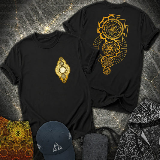 Gold Sacred Geometry Sri Yantra 2 Sided T-Shirt - Gold Sacred Geometry Sri Yantra 2 Sided T-Shirt - Black