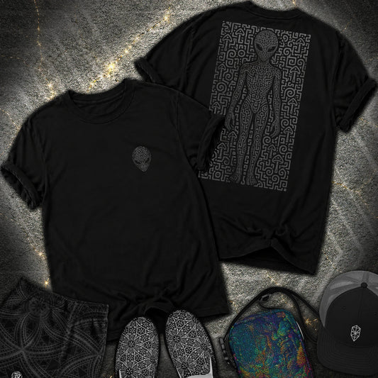 Psychedelic Distressed Alien 2 Sided Comfort T-Shirt - Psychedelic Distressed Alien 2 Sided Comfort T-Shirt - Black