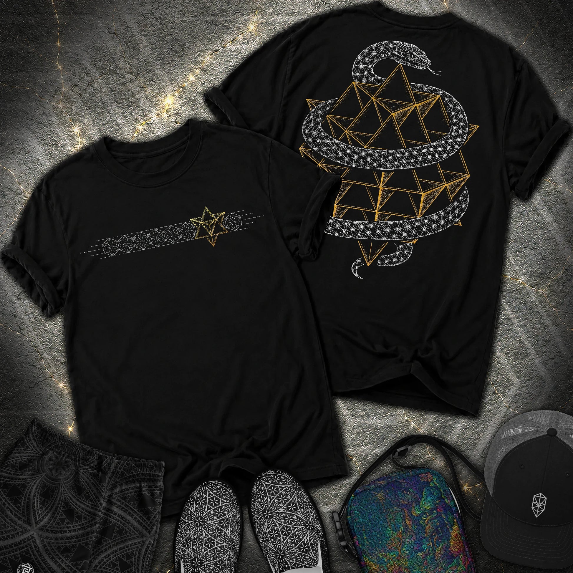 Serpent Tetrahedron Merkaba Geometry - Serpent Tetrahedron Merkaba Geometry 2 Sided Comfort T-Shirt - Black