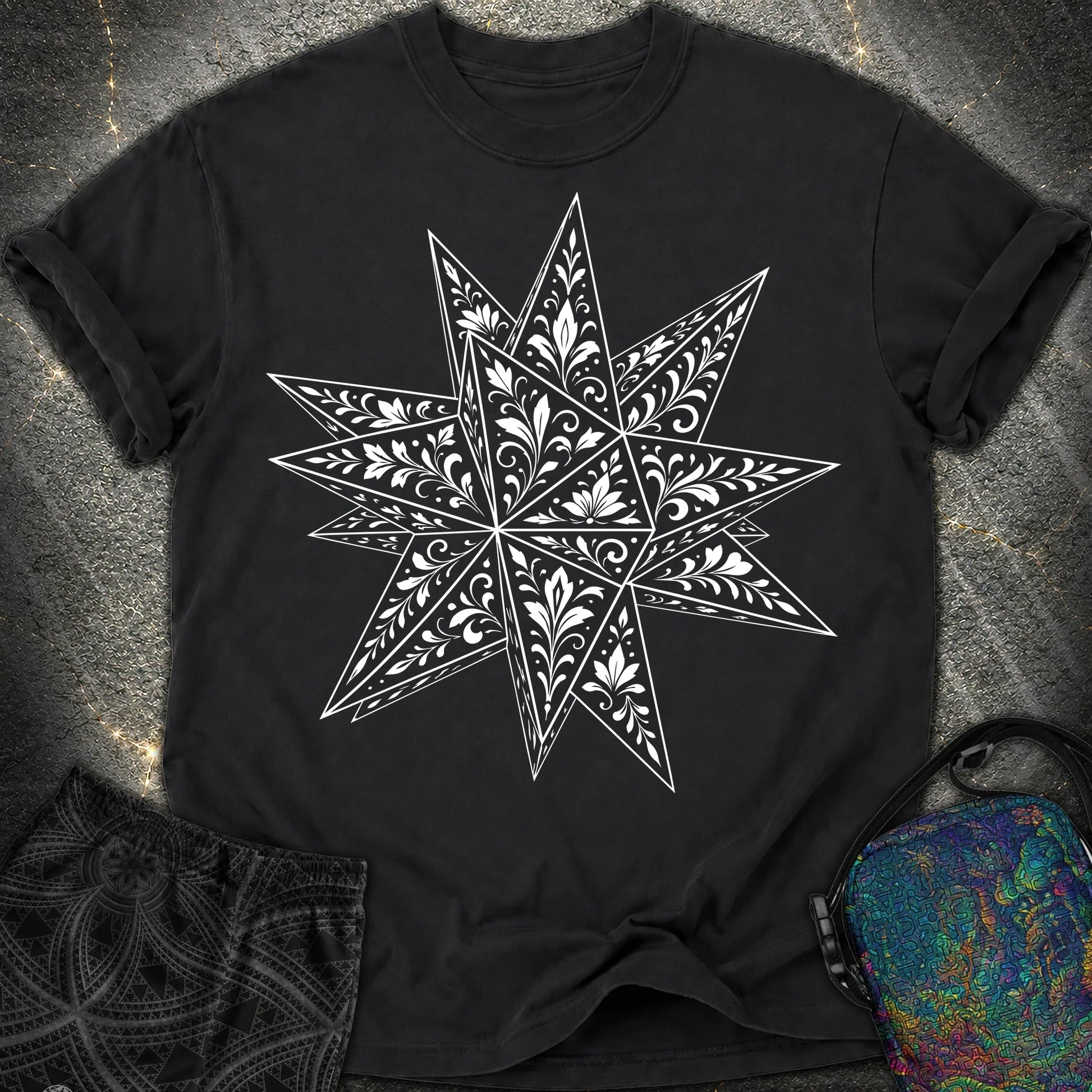 White Floral Stellated Dodecahedron - White Floral Stellated Dodecahedron Comfort T-Shirt - Black