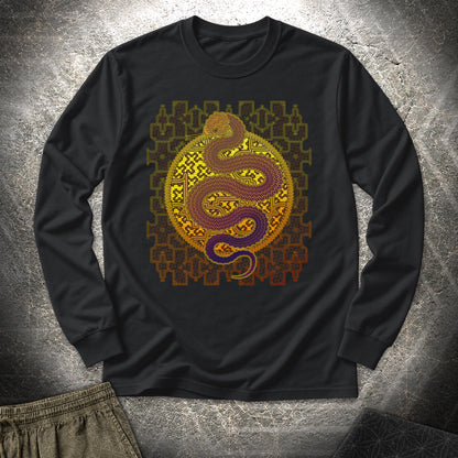 Shipibo Kene Cosmic Snake Long Sleeve Shirt showing front artwork