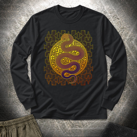 Shipibo Kene Cosmic Snake Long Sleeve Shirt showing front artwork