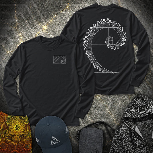 Floral Golden Ratio Spiral 2 Sided Long Sleeve Shirt - Floral Golden Ratio Spiral 2 Sided Long Sleeve Shirt - Black