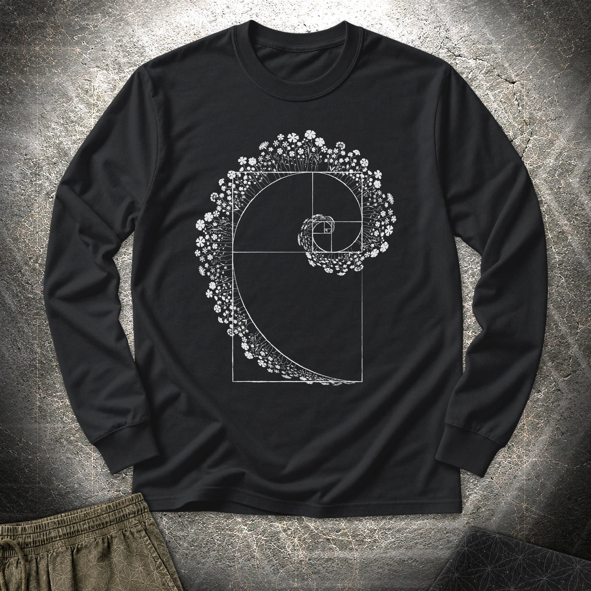 Floral Golden Ratio Spiral Long Sleeve Shirt showing front artwork