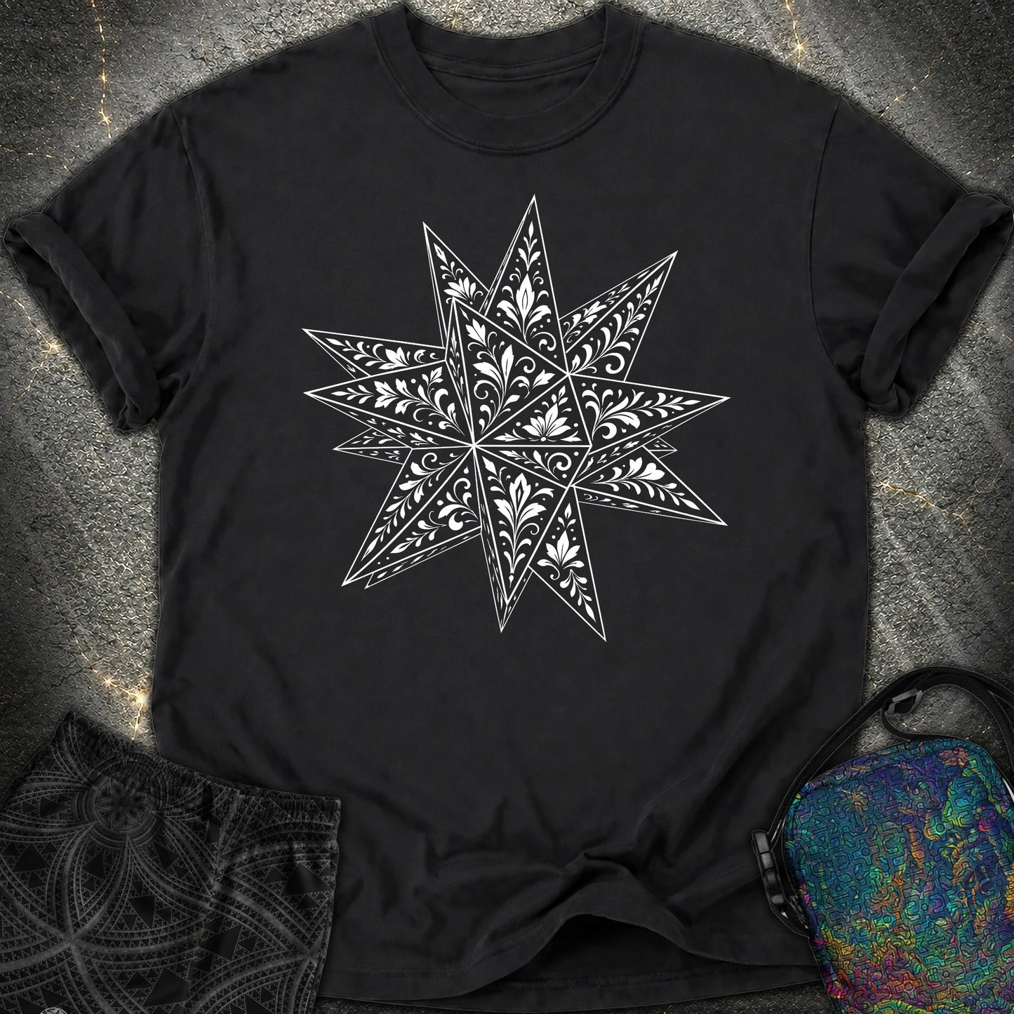 White Floral Stellated Dodecahedron Comfort T-Shirt - White Floral Stellated Dodecahedron Comfort T-Shirt - Black