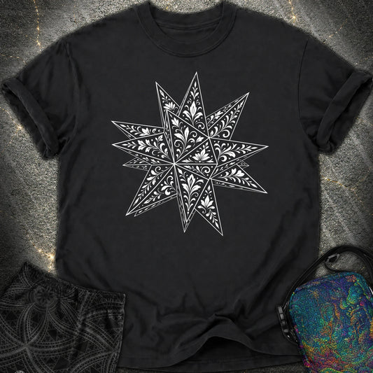 White Floral Stellated Dodecahedron Comfort T-Shirt - White Floral Stellated Dodecahedron Comfort T-Shirt - Black