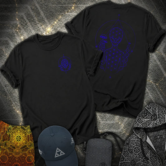Alien Mushroom Shirt, Sacred Geometry Mushroom Alien 2 Sided T-Shirt - Alien Mushroom Shirt, Sacred Geometry Mushroom Alien 2 Sided T-Shirt - Black
