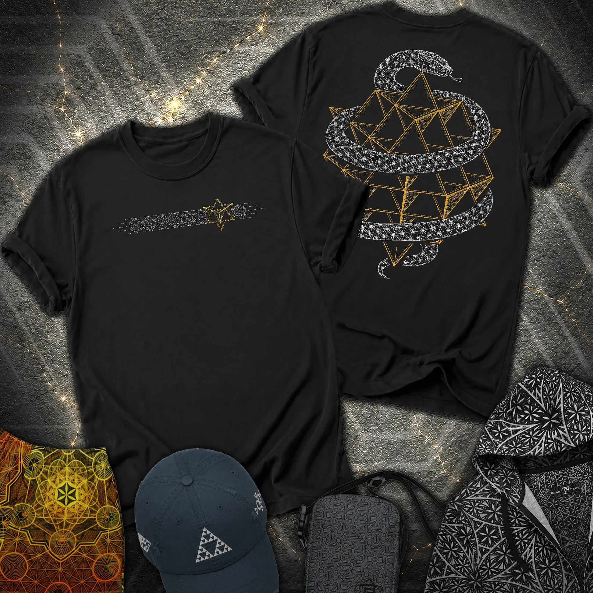 Serpent Tetrahedron Merkaba Geometry 2 Sided T-Shirt - Serpent Tetrahedron Merkaba Geometry 2 Sided T-Shirt - Black