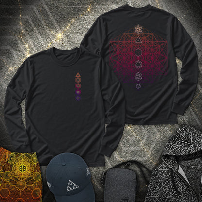 64 Tetrahedron Platonic Solids Metatron 2 Sided Long Sleeve Shirt showing front and back artwork