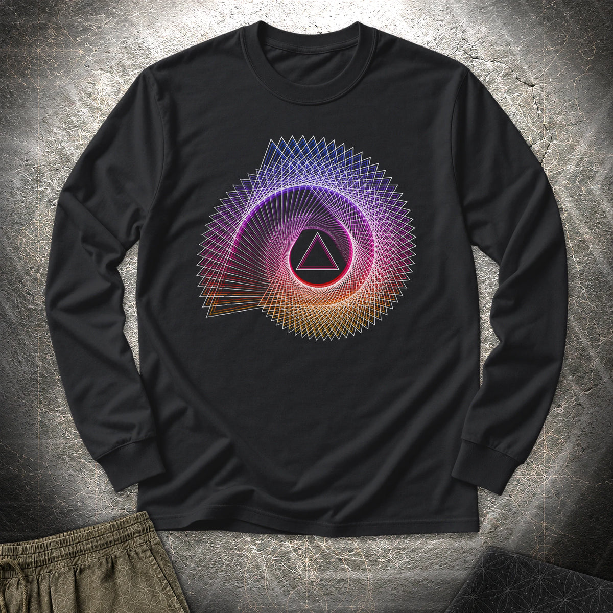 Spiralling Gradient Triangle Long Sleeve Shirt showing front artwork