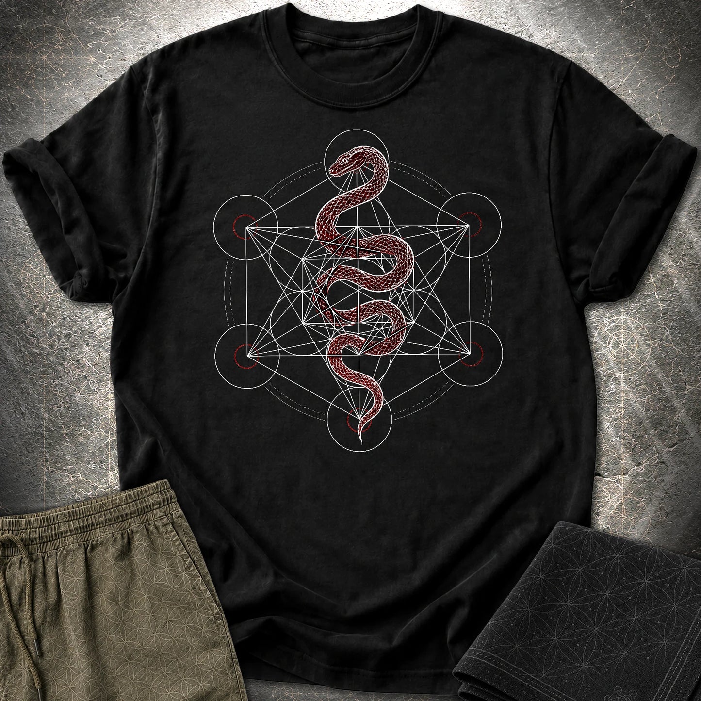 Serpent Sacred Geometry Shirt, Red Snake Metatron Cube Tee, Mystic Occult Geometric Spiritual T-Shirt - Serpent Sacred Geometry Shirt, Red Snake Metatron Cube Tee, Mystic Occult Geometric Spiritual T-Shirt - Black