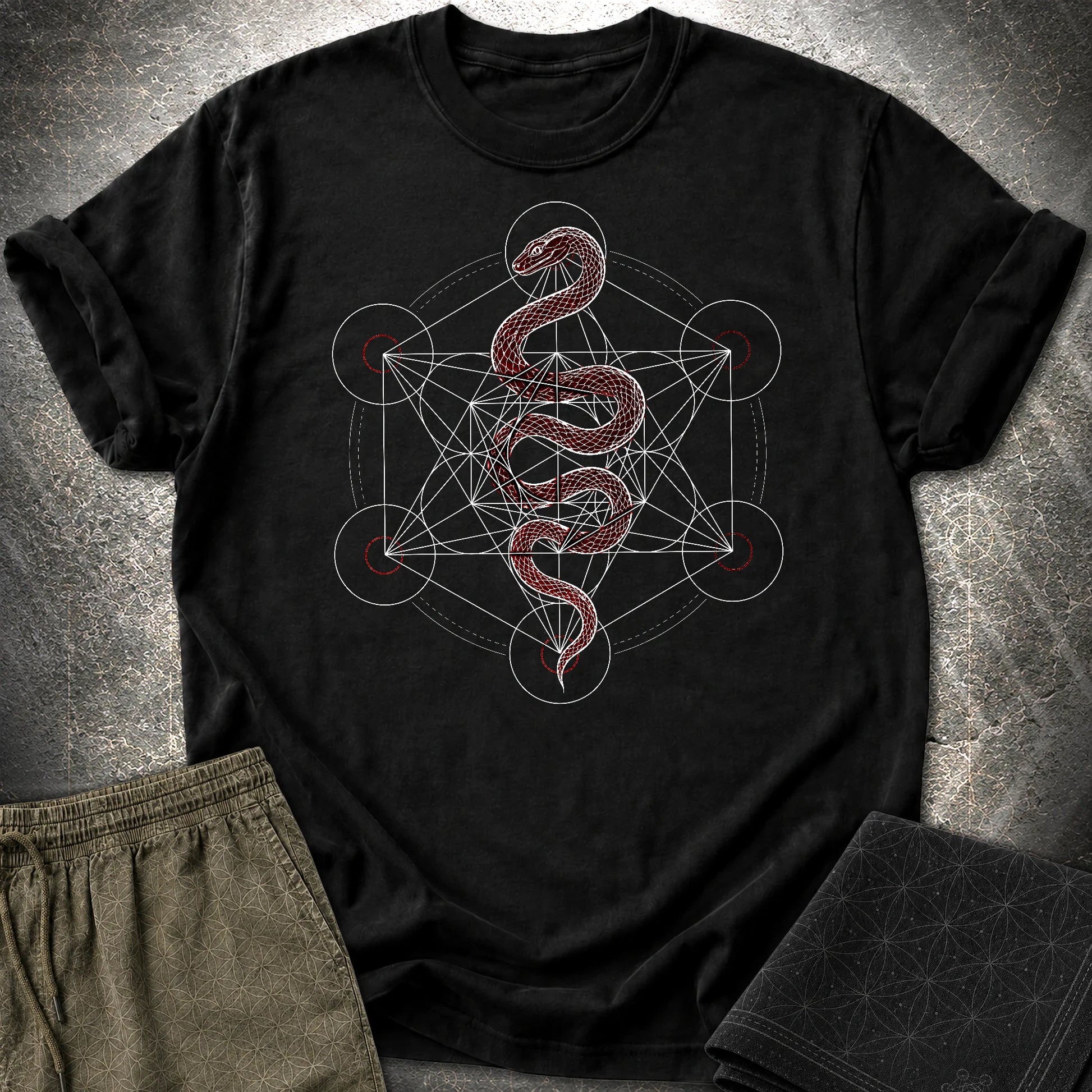 Serpent Sacred Geometry Shirt, Red Snake Metatron Cube Tee, Mystic Occult Geometric Spiritual T-Shirt - Serpent Sacred Geometry Shirt, Red Snake Metatron Cube Tee, Mystic Occult Geometric Spiritual T-Shirt - Black
