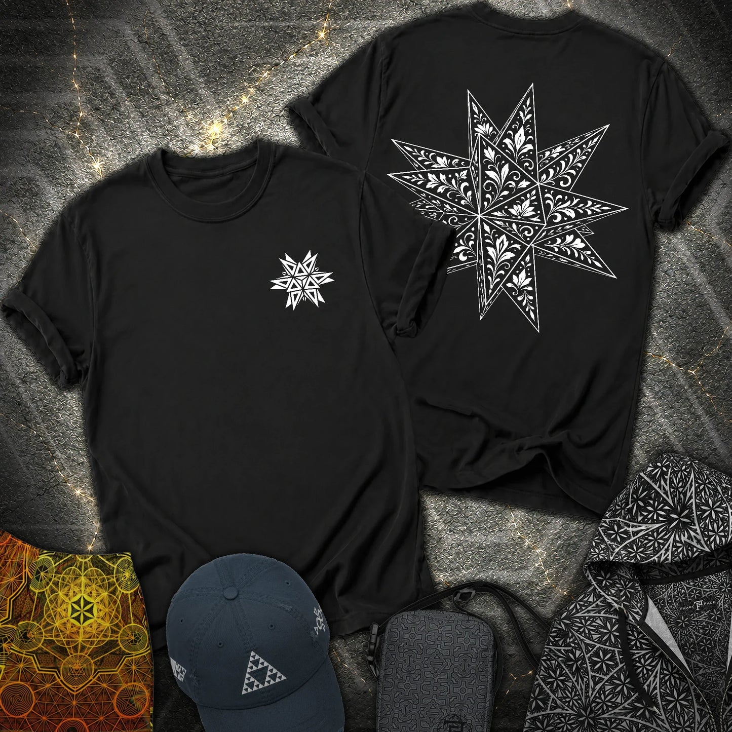 White Floral Stellated Dodecahedron 2 Sided T-Shirt - White Floral Stellated Dodecahedron 2 Sided T-Shirt - Black