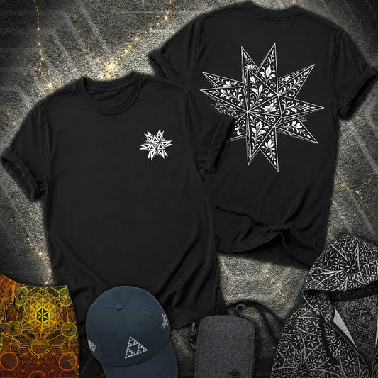 White Floral Stellated Dodecahedron 2 Sided T-Shirt - White Floral Stellated Dodecahedron 2 Sided T-Shirt - Black