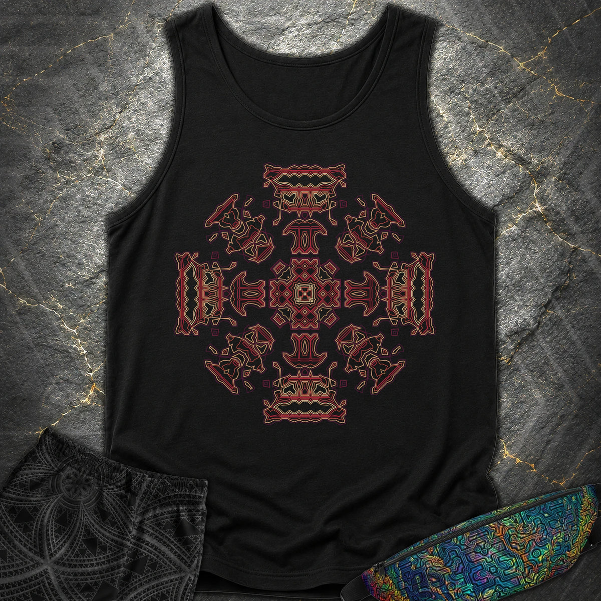 Shamanic Faces Geometric Comfort Tank Top - Shamanic Faces Geometric Comfort Tank Top - Black