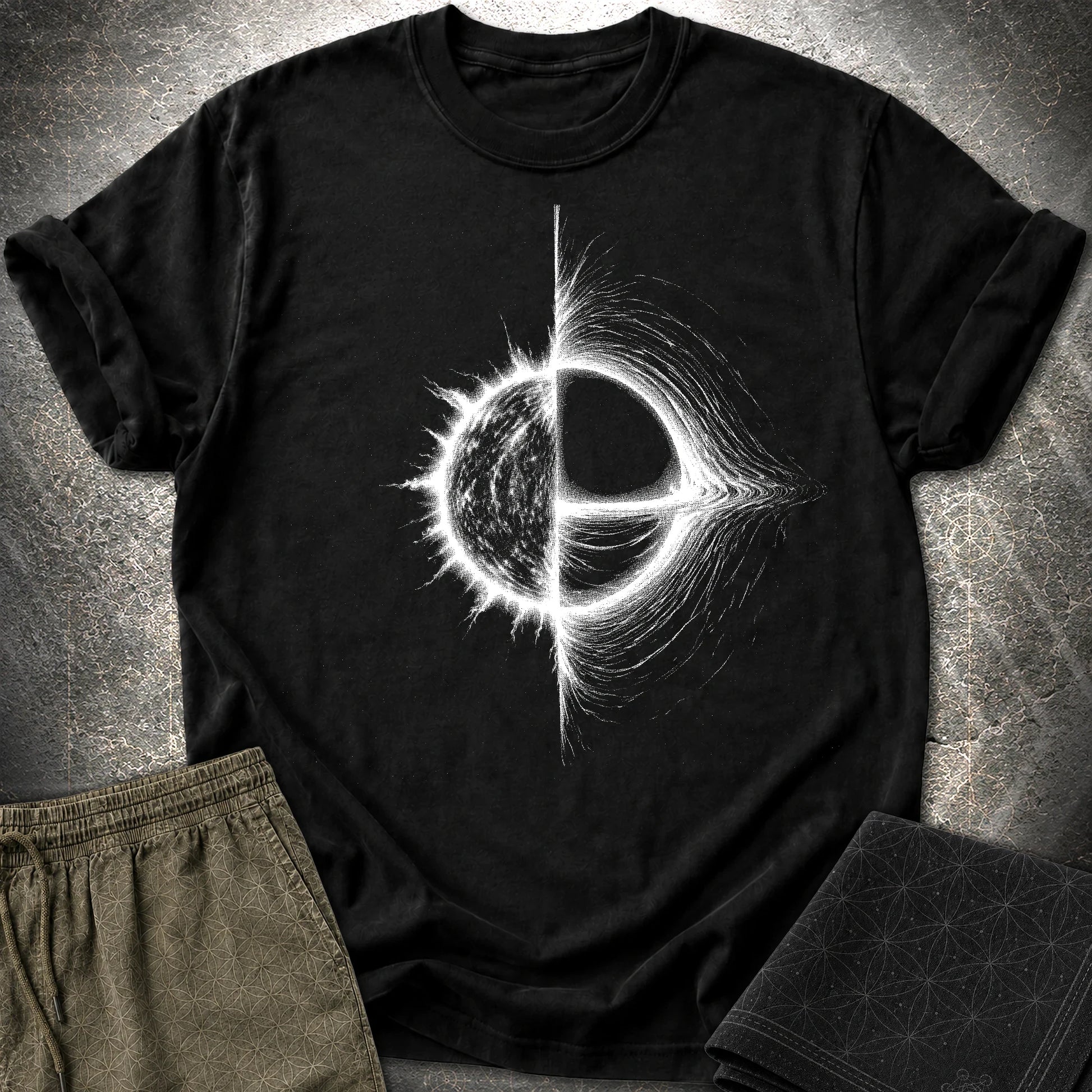 Cosmic Duality T-Shirt, Star and Black Hole Shirt, Space Symbol Graphic Tee - Cosmic Duality T-Shirt, Star and Black Hole Shirt, Space Symbol Graphic Tee - Black