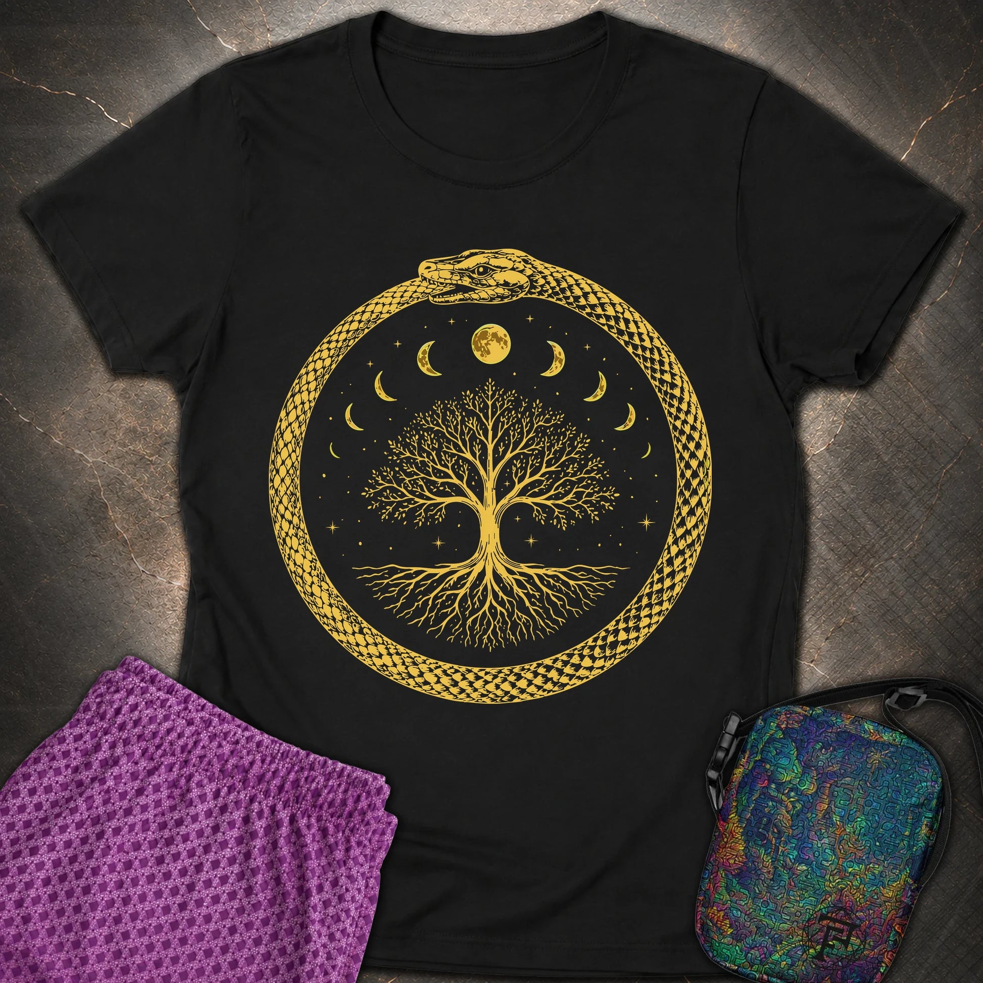 Ouroboros Moon Tree Unisex Womens T-Shirt - Ouroboros Moon Tree Unisex Womens T-Shirt - Black