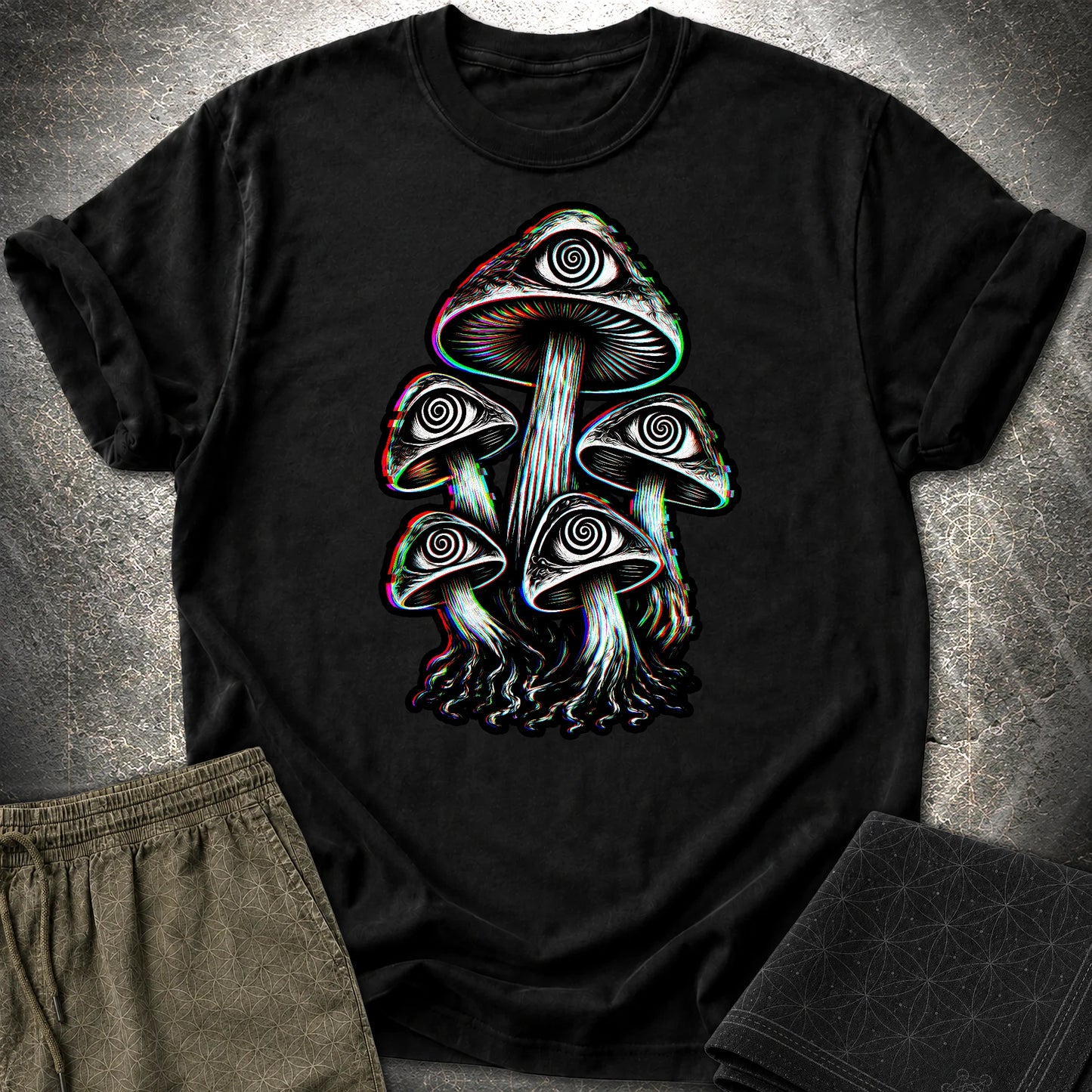Hypnotic Mushroom T-Shirt, Psychedelic Eye Mushroom Shirt, Glitch Trippy Graphic Tee - Hypnotic Mushroom T-Shirt, Psychedelic Eye Mushroom Shirt, Glitch Trippy Graphic Tee - Black