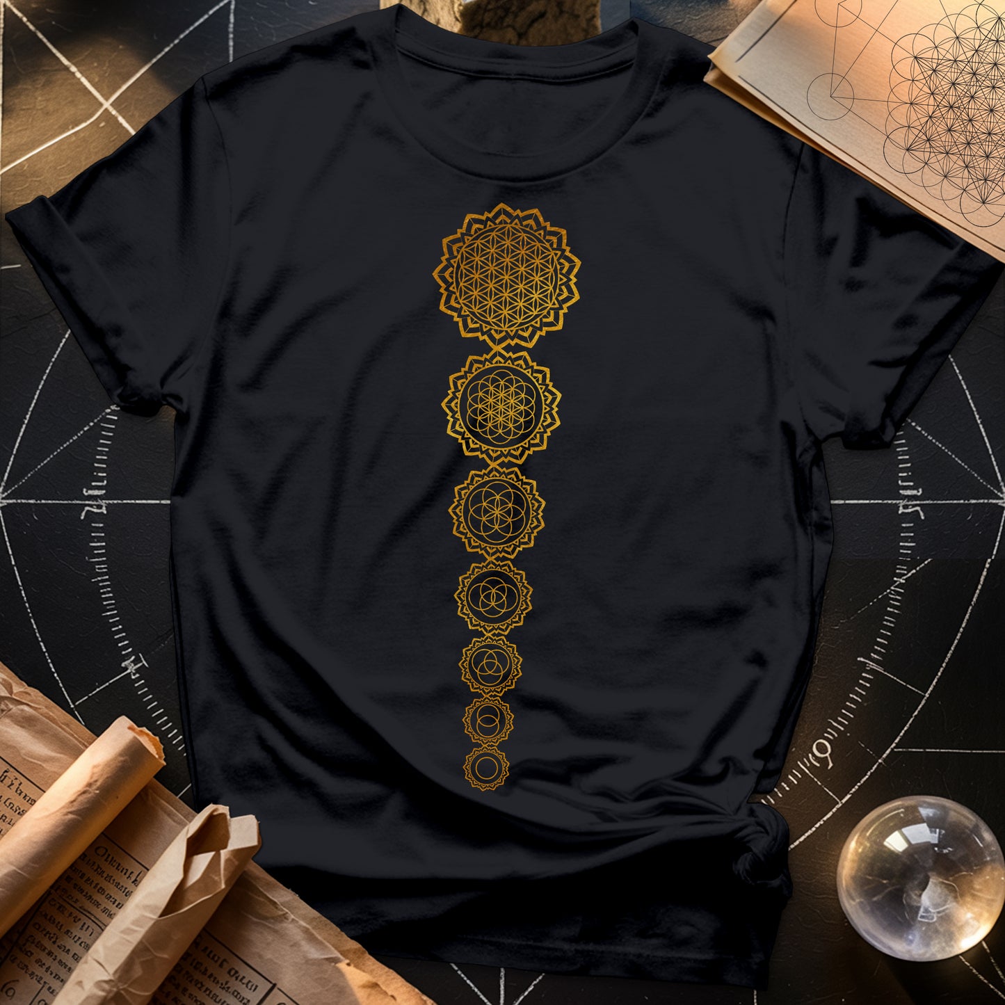Gold Flower Of lIfe Chakras T-Shirt