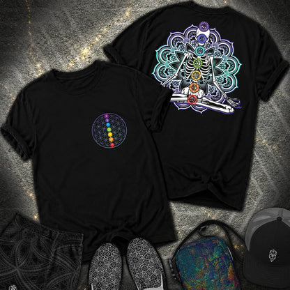 We Are One Meditating Skeleton 2 Sided T-Shirt - We Are One Meditating Skeleton 2 Sided Comfort T-Shirt - Black