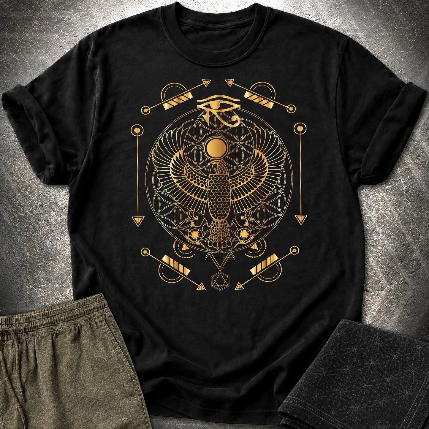 Falcon Flower Of Life Egypt T-Shirt - Falcon Flower Of Life Egypt T-Shirt - Black