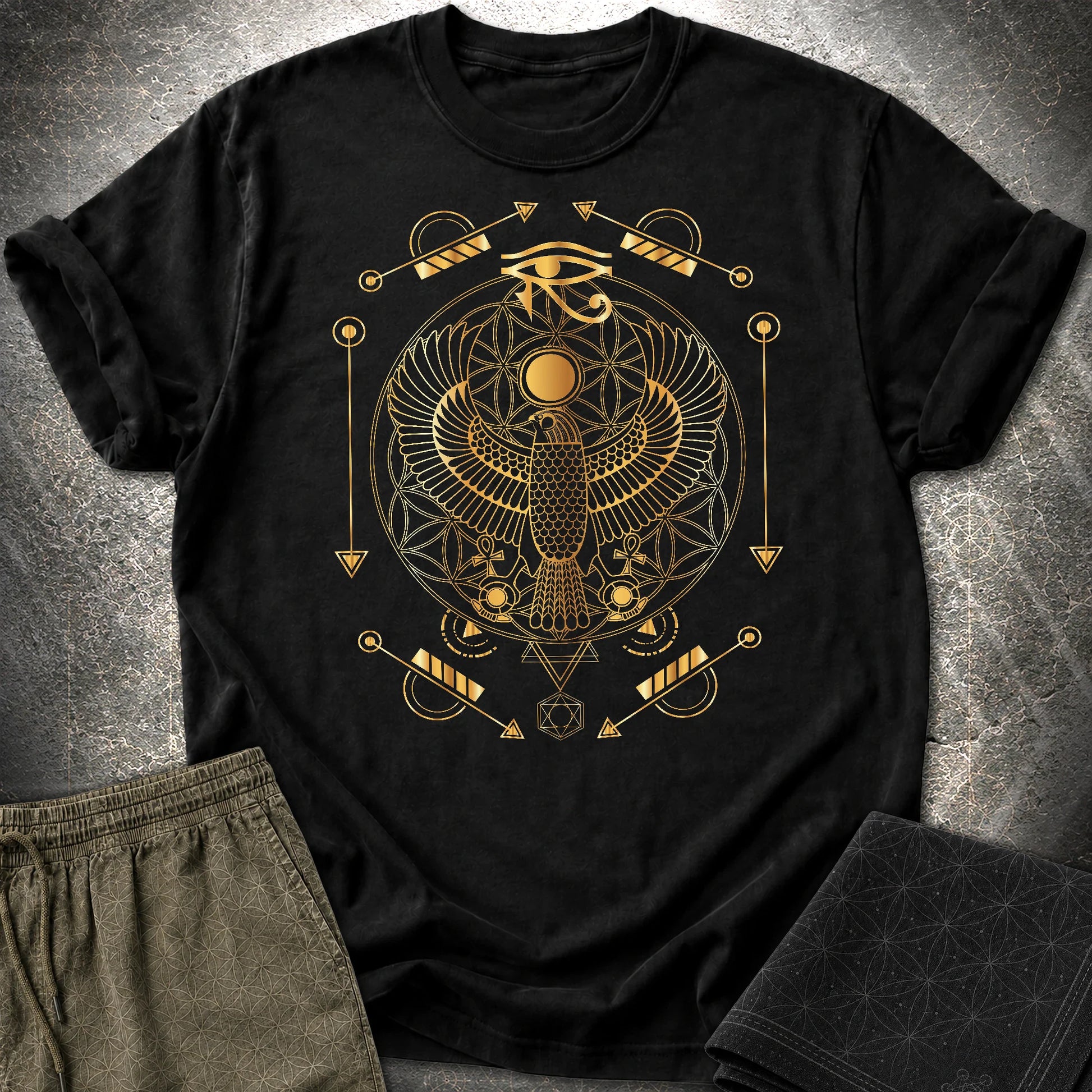 Falcon Flower Of Life Egypt T-Shirt - Falcon Flower Of Life Egypt T-Shirt - Black