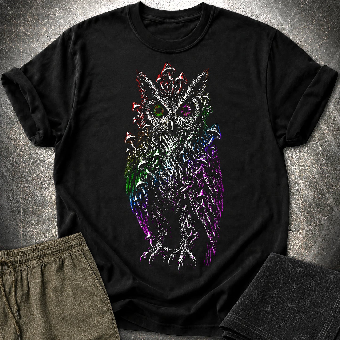 Trippy Mushroom Owl T-Shirt - Trippy Mushroom Owl T-Shirt - Black