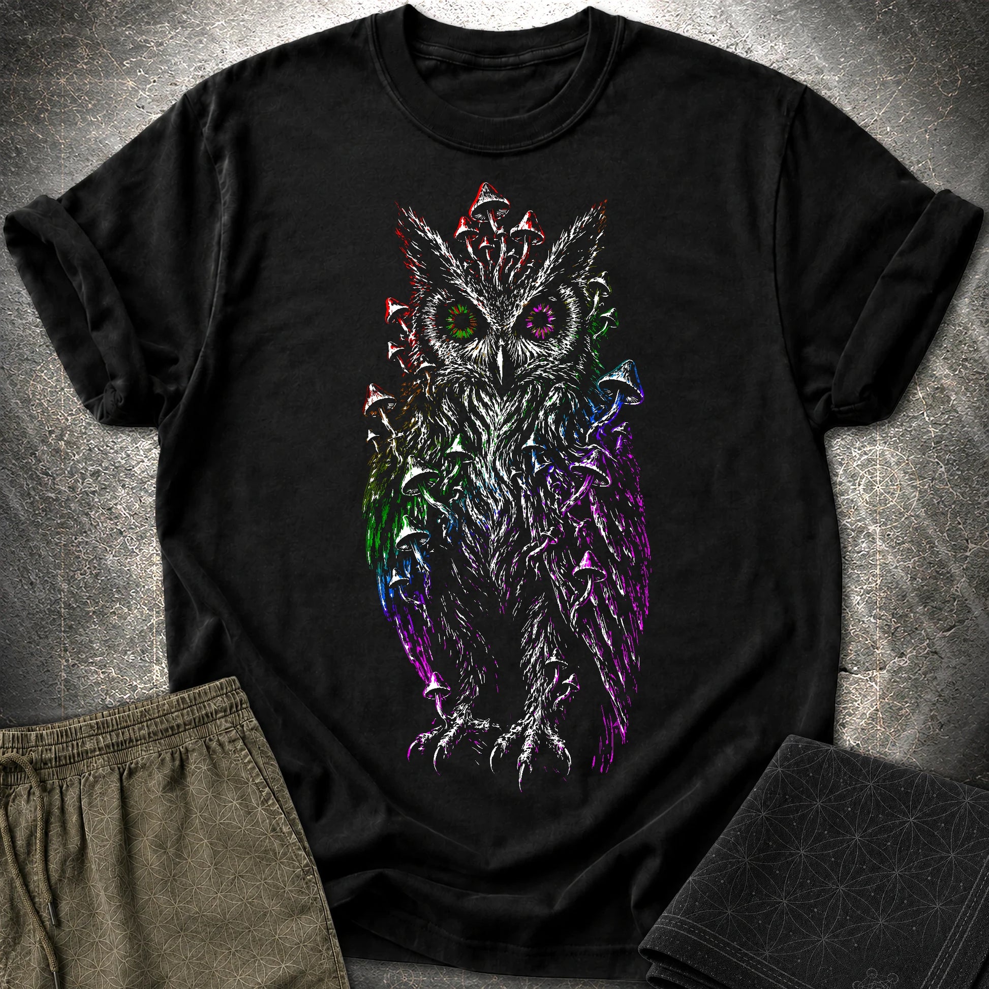 Trippy Mushroom Owl T-Shirt - Trippy Mushroom Owl T-Shirt - Black