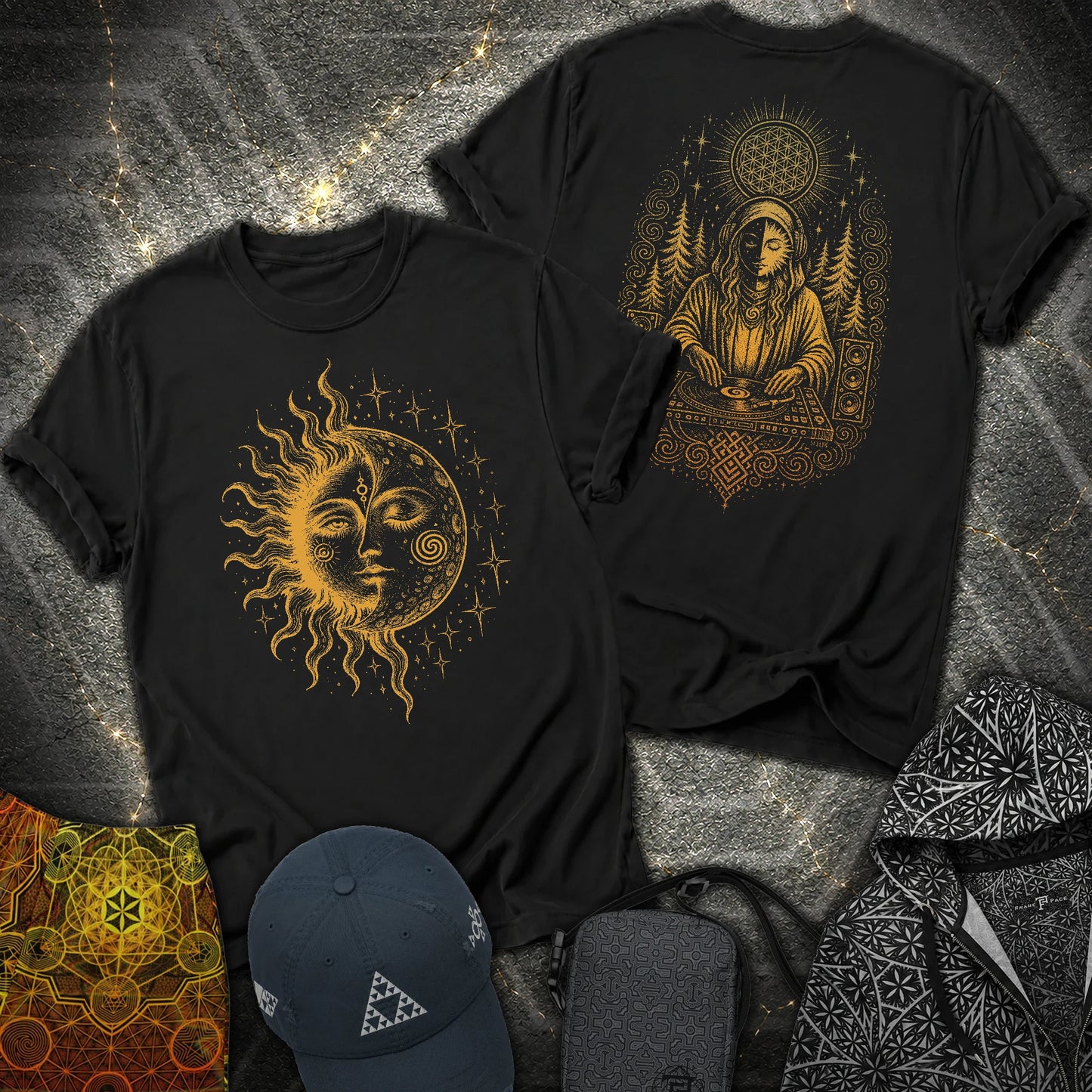 Celestial Sun Moon Mystic DJ Shirt 2 Sided T-Shirt - Celestial Sun Moon Mystic DJ Shirt 2 Sided T-Shirt - Black
