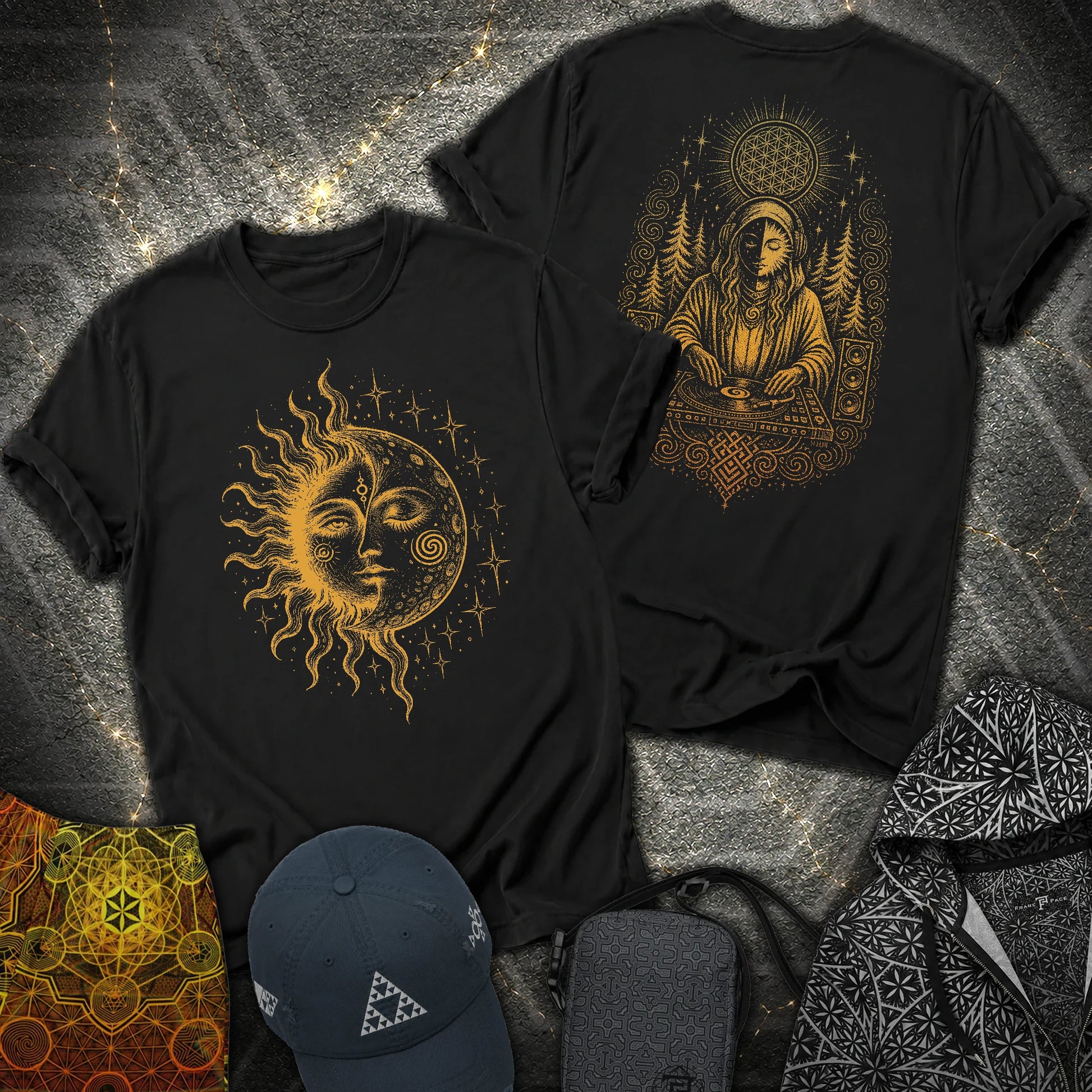 Celestial Sun Moon Mystic DJ Shirt 2 Sided T-Shirt - Celestial Sun Moon Mystic DJ Shirt 2 Sided T-Shirt - Black
