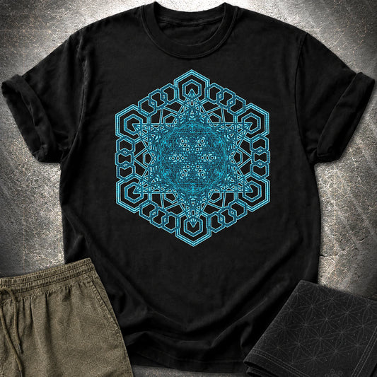 Sacred Geometry T-Shirt, Blue Geometric Mandala Shirt, Visionary Pattern Graphic Tee - Sacred Geometry T-Shirt, Blue Geometric Mandala Shirt, Visionary Pattern Graphic Tee - Black