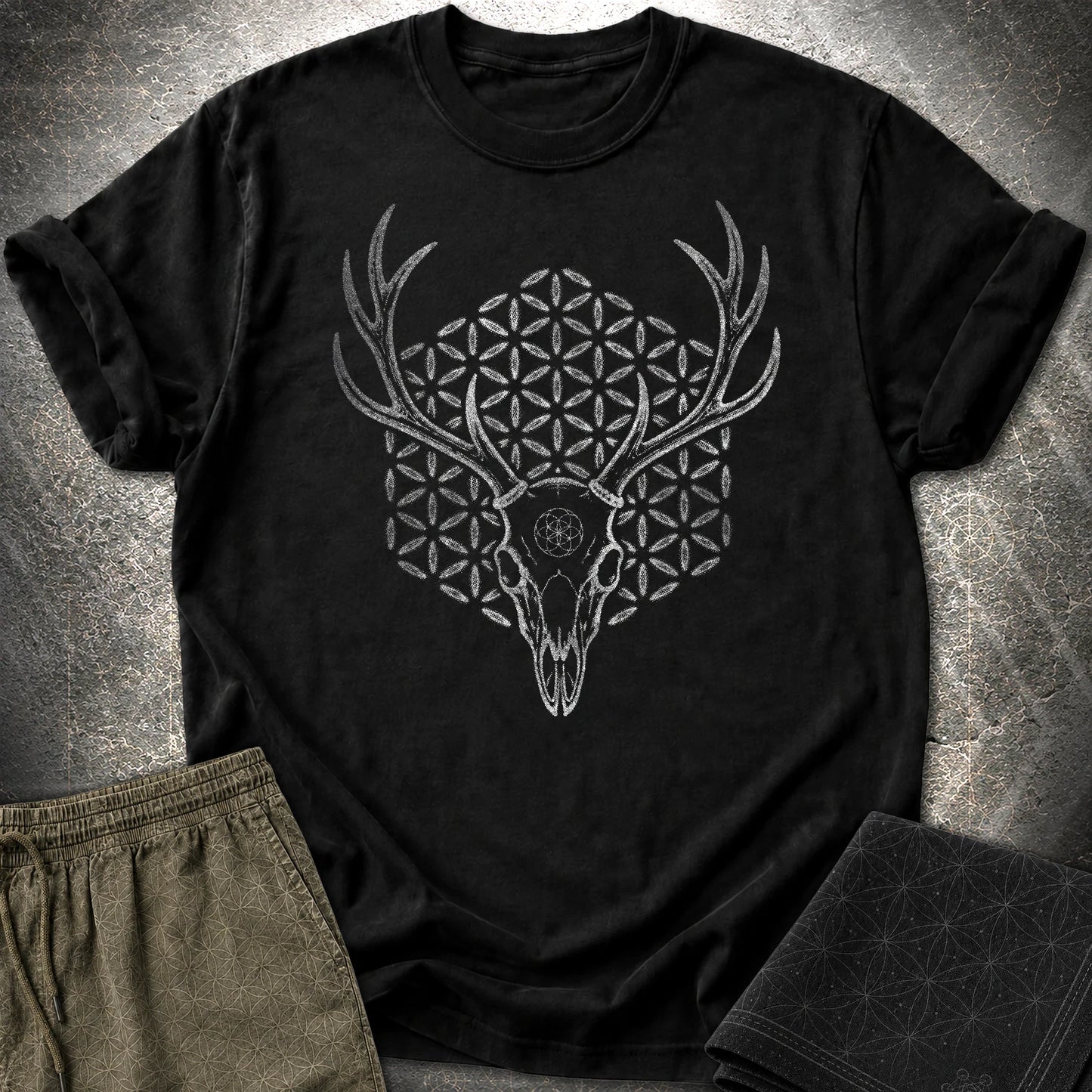 Deer Skull Sacred Geometry Shirt, Antler Flower of Life Tee, Gothic Nature Graphic, Mystic Stag Skull T-Shirt - Deer Skull Sacred Geometry Shirt, Antler Flower of Life Tee, Gothic Nature Graphic, Mystic Stag Skull T-Shirt - Black