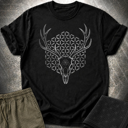 Deer Skull Sacred Geometry Shirt, Antler Flower of Life Tee, Gothic Nature Graphic, Mystic Stag Skull T-Shirt - Deer Skull Sacred Geometry Shirt, Antler Flower of Life Tee, Gothic Nature Graphic, Mystic Stag Skull T-Shirt - Black