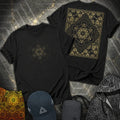 Metatron Cube Shirt, Sacred Geometry Front Back Tee, Gold Esoteric Mandala Graphic, Mystic Geometric 2 Sided T-Shirt