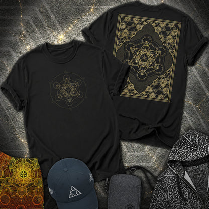 Metatron Cube Shirt, Sacred Geometry Front Back Tee, Gold Esoteric Mandala Graphic, Mystic Geometric 2 Sided T-Shirt - Metatron Cube Shirt, Sacred Geometry Front Back Tee, Gold Esoteric Mandala Graphic, Mystic Geometric 2 Sided T-Shirt - Black