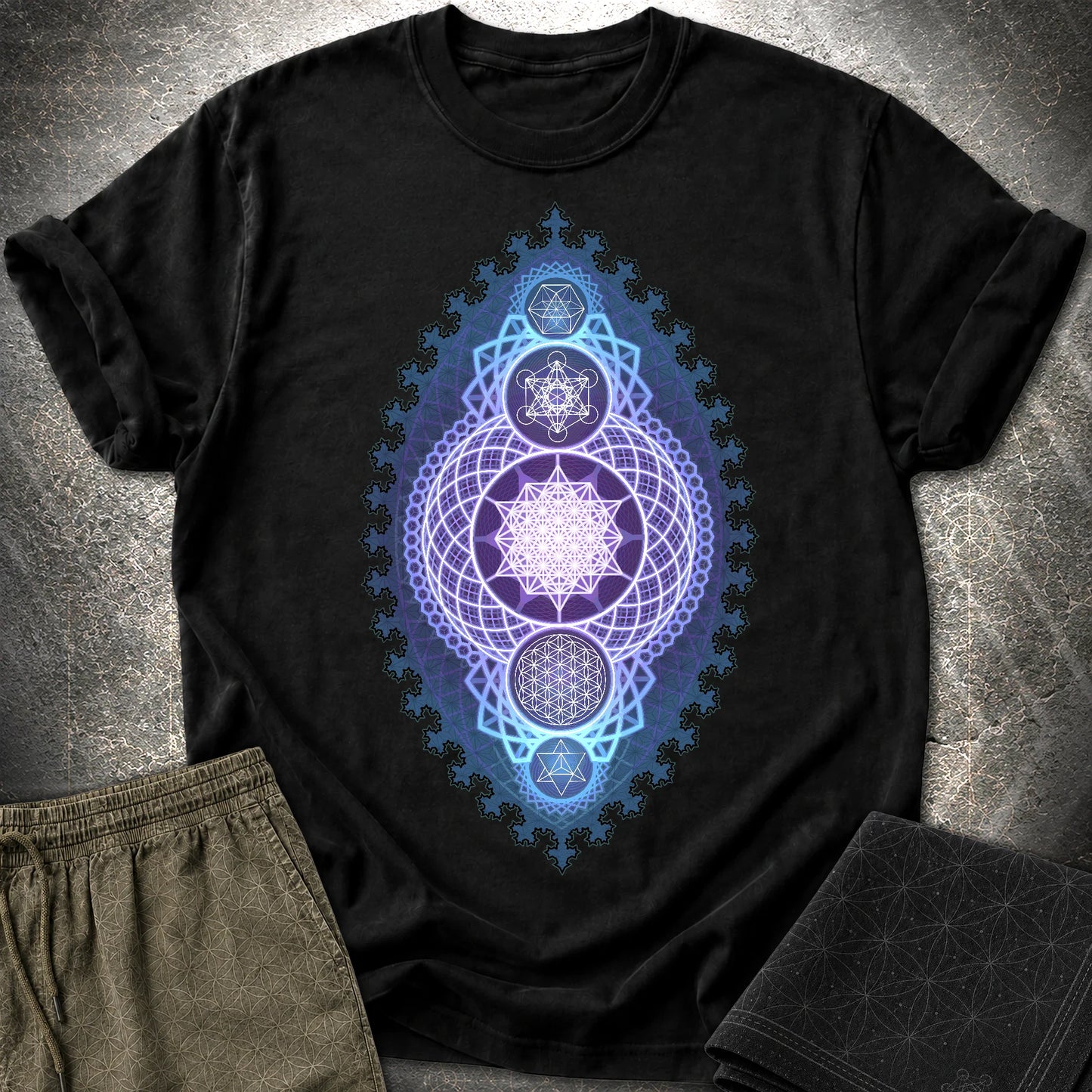 Blue Fractal Sacred Geometry Fusion T-Shirt - Blue Fractal Sacred Geometry Fusion T-Shirt - Black