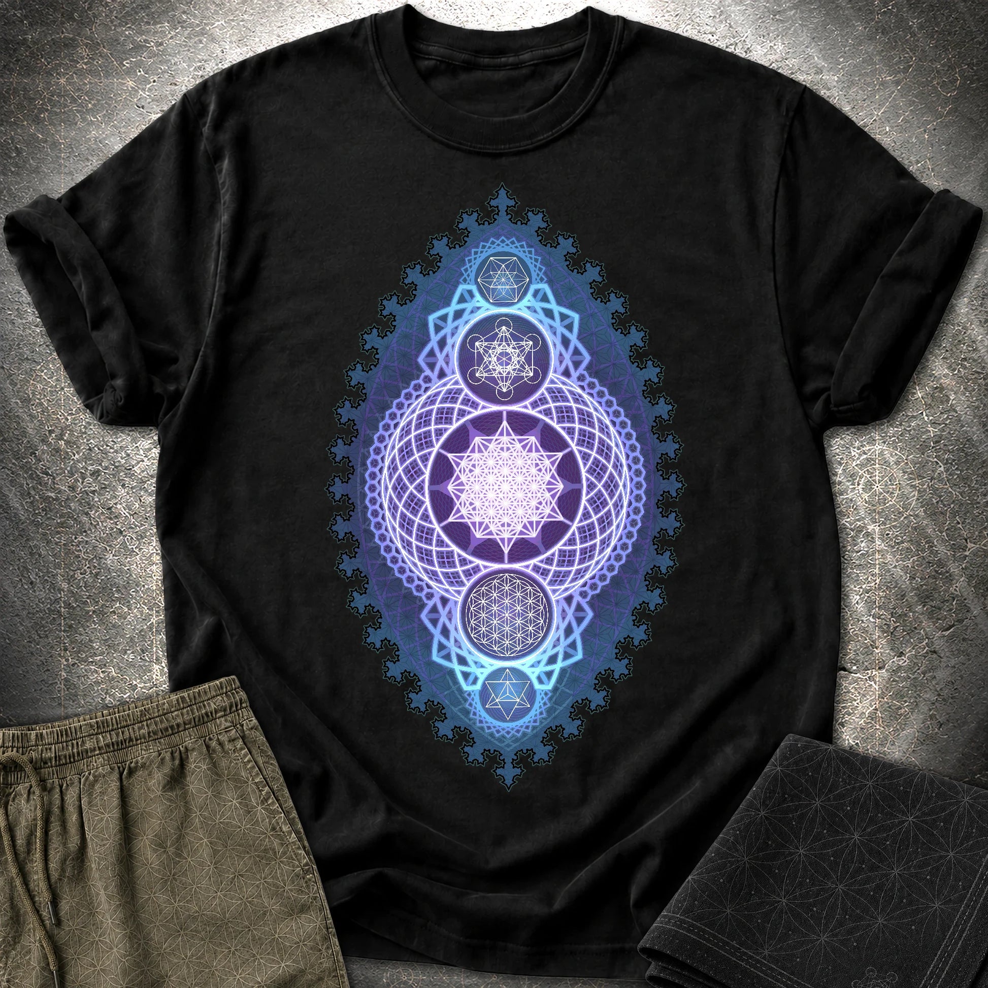 Blue Fractal Sacred Geometry Fusion T-Shirt - Blue Fractal Sacred Geometry Fusion T-Shirt - Black