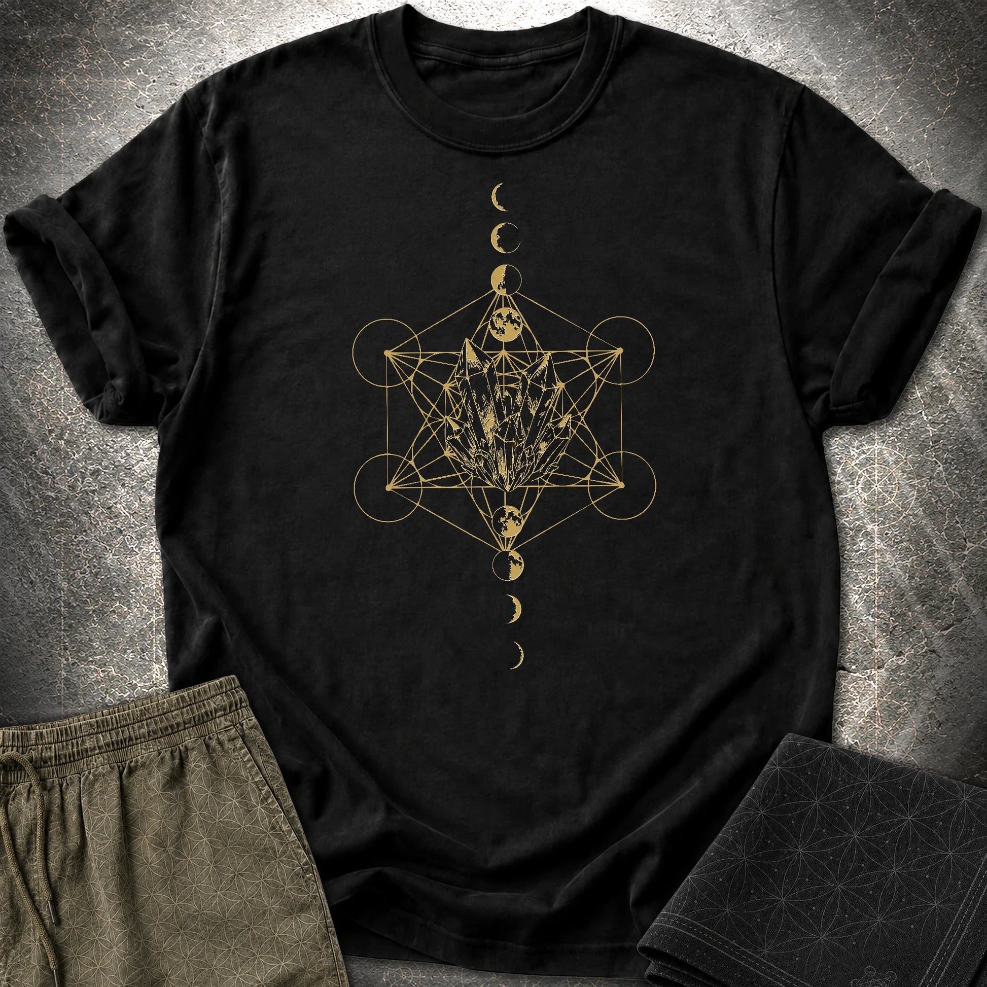 Metatron Crystal Moon Phases - Metatron Crystal Moon Phases T-Shirt - Black