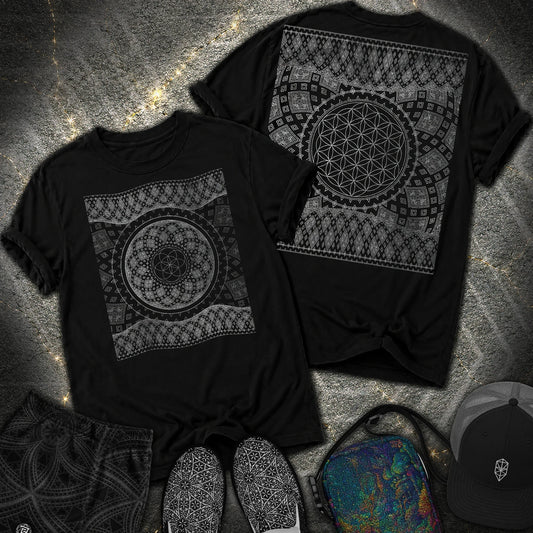 Silver Geometry Flower & Seed of Life Heavyweight 2 Sided Comfort T-Shirt - Silver Geometry Flower & Seed of Life Heavyweight 2 Sided Comfort T-Shirt - Black