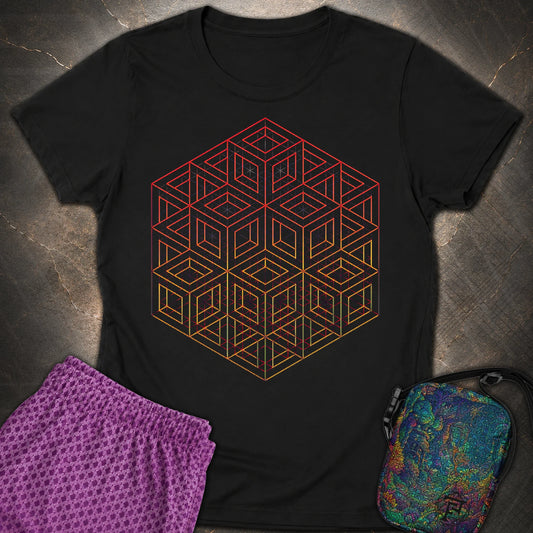 3D Wireframe Cube T-Shirt - 3D Wireframe Cube Womens T-Shirt - Black